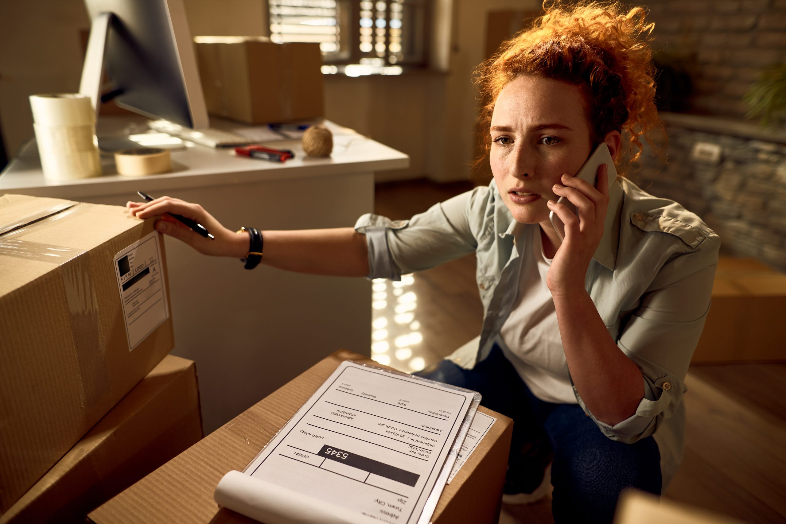 Distraught woman talking on the phone while preparing packages f
